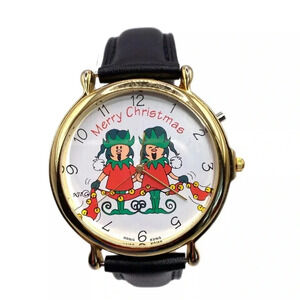 Vintage Christmas Watch Gold Tone Genuine Leather Band Holiday Elves New Battery